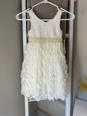 Ivory Pearl-Trim Ruffle Tulle Girls' Formal Dress